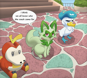 ambiguous_gender beak blue_eyes feathers female feral fur green_body green_fur group hair looking_at_viewer open_mouth red_body smile tail teeth text tongue white_body wings archerteamr nintendo pokemon avian bird felid feline fuecoco generation_9_pokemon mammal pokemon_(species) quaxly reptile scalie sprigatito digital_media_(artwork) english_text hi_res