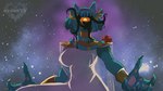 1_eye 5_fingers anthro armor big_breasts blue_body blue_fur blue_hair breasts claws clothing cosmic_background dress eye_of_horus face_tentacles female fingers fur hair kalasiris looking_at_viewer looking_down looking_down_at_viewer low-angle_view orange_sclera pawpads solo space space_background star tentacles translucent translucent_clothing yellow_eyes akabaka sucker_for_love nyanlathotep_(sucker_for_love) cyclops eldritch_abomination felid feline mammal 2021 half-length_portrait hi_res official_art portrait