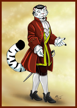 anthro clothing costume male melee_weapon solo stripes sword tail weapon moodyferret santos felid mammal pantherine tiger undead vampire digital_media_(artwork) hi_res shaded