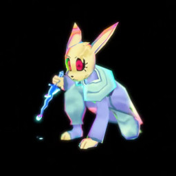 ambiguous_gender anthro black_sclera bottomwear clothed clothing dagger fur gesture hair holding_object holding_weapon looking_around looking_at_viewer melee_weapon red_eyes simple_background smile solo topwear waving waving_hand waving_weapon weapon axedraws lagomorph leporid mammal rabbit 1:1 2023 3d_(artwork) 3d_animation animated digital_media_(artwork) short_playtime sound video