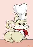 anus balls butt chef_hat clothing genitals hat headgear headwear looking_at_viewer male raised_tail rear_view simple_background sitting smug smug_face solo tail tan_body yellow_eyes sherwind52 domestic_cat felid feline felis mammal hi_res