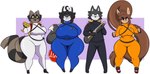 anthro backpack big_breasts black_body black_bodysuit black_clothing black_footwear black_fur black_latex black_shoes black_skinsuit blue_bodysuit blue_clothing blue_latex blue_skinsuit bodysuit breasts brown_body brown_fur brown_hair clothing female footwear fur grey_body grey_fur group gun hair holding_gun holding_object holding_ranged_weapon holding_weapon latex latex_bodysuit latex_clothing latex_skinsuit long_hair looking_at_viewer male multicolored_body multicolored_fur open_mouth orange_bodysuit orange_clothing orange_latex orange_skinsuit ranged_weapon red_eyes shotgun simple_background skinsuit slightly_chubby slightly_chubby_anthro slightly_chubby_female thick_thighs thigh_gap tight_clothing two_tone_body two_tone_fur weapon white_body white_bodysuit white_clothing white_fur white_latex white_skinsuit wide_hips yellow_eyes dewwydarts dnf_duel lethal_company dara_(dewwydarts) dew_(dewwydarts) samantha_(dewwydarts) striker_(dnf_duel) canid canine canis fox lagomorph leporid mammal procyonid rabbit raccoon wolf 2024 hi_res