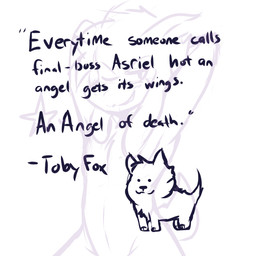 anthro commentary duo feral male simple_background smile solo_focus text white_background crackers_(artist) undertale undertale_(series) asriel_dreemurr boss_monster_(undertale) bovid canid canine canis caprine domestic_dog mammal 1:1 2018 digital_drawing_(artwork) digital_media_(artwork) english_text