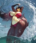 anthro big_breasts bikini black_body black_fur black_hair breasts cleavage clothed clothing crossgender female fingerless_(marking) fur hair huge_breasts long_tail looking_at_viewer markings mole_(marking) mtf_crossgender navel outside partially_submerged pink_nose presenting presenting_breasts red_bikini red_clothing red_swimwear short_hair solo splash standing swimwear tail two-piece_swimsuit water eruca huttser-coyote_(character) canid canine canis coyote mammal digital_media_(artwork) digital_painting_(artwork) hi_res watermark