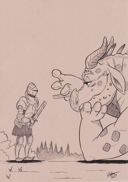 2_horns armor body_armor broken_sword coy duo female feral floppy_ears forest headgear helmet holding_object horn knight melee_weapon neck_spikes plant shrub size_difference smile smiling_at_another smug_smile snaggle_tooth snout spots sword tree warrior weapon ukabor european_mythology mythology dragon human mammal mythological_creature mythological_scalie scalie western_dragon hi_res monochrome signature