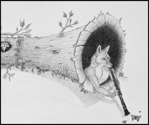 anthro black_border border clarinet fur grass leaf log male musical_instrument plant solo wind_instrument wood woodwind_instrument foskybleu arthropod butterfly canid canine fox insect lepidopteran mammal monochrome