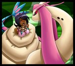 black_border blush border clothing coiled_up coiling duo female spiderweber nintendo pokemon olivia_(pokemon) generation_3_pokemon human mammal milotic pokemon_(species) absurd_res hi_res