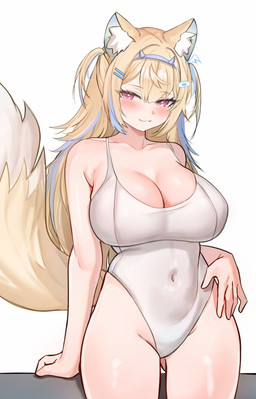 belly big_breasts blonde_hair blue_highlights blush breasts clothing collarbone female hair highlights_(coloring) navel_outline nipple_outline one-piece_swimsuit pink_eyes simple_background solo swimwear thick_thighs white_background white_clothing white_swimwear wide_hips pingun hololive hololive_en vtuber fuwawa_abyssgard animal_humanoid humanoid absurd_res hi_res