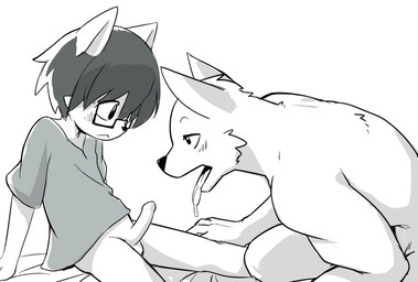 adult_on_young age_difference anthro balls blush bottomless clothed clothing dripping duo erection eyewear genitals glasses larger_male male male/male nude oral penis shirt shota size_difference smaller_male tongue tongue_out topwear young young_anthro young_male manmosu_marimo shota_feline_(marimo) white_canine_(marimo) canid canine canis domestic_cat felid feline felis mammal wolf 2015 digital_media_(artwork) greyscale monochrome