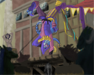 3_toes anthro audience barrel beard black_hair blue_body blue_skin blue_tail building clothed clothing countershading detailed_background eyebrows facial_hair feather_ornament feet fool's_hat fully_clothed group hair hands_behind_head handstand hat hat_feather hat_ornament headgear headwear holding_clothing holding_hat holding_headgear holding_headwear holding_object horn jester loose_feather male mask medieval on_one_hand open_mouth outside pink_tongue short_hair silhouette solo_focus stage tail tail_tuft teeth toes tongue tongue_out topless tuft upside_down window garoz alphasoldier disney mythology the_hunchback_of_notre_dame_(1996) bloo_(alphasoldier) dragon human mammal mythological_creature mythological_scalie scalie 5:4