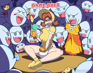 alternative_fashion blue_eyes blush bodily_fluids bonnet booties bottle bra brown_hair changing_clothing clothing container crossed_legs crown diaper dress female group hair handwear headgear headwear hime_lolita holding_object humiliation j-fashion kidnapping laugh lolita_(fashion) mittens nervous nervous_sweat open_mouth pigtails pulling_down_shirt rattle sharp_teeth sweat tears teeth tongue underwear undressing_another red-moda mario_bros nintendo princess_daisy boo_(mario) ghost human mammal spirit hi_res