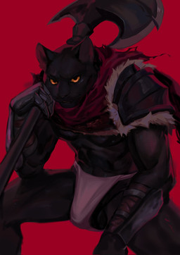 abs anthro armor asian_clothing axe balls battle_axe black_body black_fur bulge clothing east_asian_clothing fundoshi fur gauntlets genitals gloves handwear japanese_clothing looking_at_viewer male melee_weapon muscular muscular_anthro muscular_male pecs shoulder_pads sitting solo underwear weapon weapon_on_shoulder mawarisaka3 felid mammal pantherine hi_res