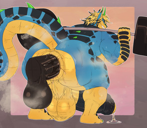 anthro anus balls big_balls big_butt big_penis black_hair blonde_hair blue_body bodily_fluids butt crouching dildo dildo_insertion dildo_penetrating_male dripping exercise foreskin genital_fluids genitals grinding hair horn huge_balls huge_butt huge_penis hyper hyper_balls hyper_butt hyper_genitalia hyper_penis male multicolored_body muscular muscular_anthro muscular_male musk penis precum precum_drip puffy_anus saggy_balls scales sex_toy sex_toy_insertion solo steam sweat sweatdrop sweaty_body sweaty_butt sweaty_legs sweaty_thighs weightlifting workout ghangaji mythology adam_the_wolf canid canine canis dragon hybrid mammal mythological_creature mythological_scalie scalie wolf hi_res