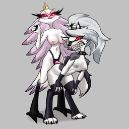 age_difference angry angry_sex anthro big_breasts big_butt breasts butt clitoris clothing collar crown duo fangs feathers female female/female fingerless_gloves fur genitals gloves glowing glowing_eyes grey_body grey_fur grey_nipples growling handwear headgear interspecies legwear medium_breasts nipples older_female penetration pink_clitoris pink_nipples red_sclera sex smug smug_grin spiked_collar spikes stockings strapon strapon_in_pussy teeth thick_thighs toeless_legwear toeless_stockings vaginal vaginal_penetration vulva white_body white_eyes white_feathers white_fur wide_hipped_anthro wide_hipped_female wide_hips hexecat hellaverse helluva_boss mythology loona_(helluva_boss) stella_(helluva_boss) canid canid_demon canine demon goetia hellhound mammal mythological_canine mythological_creature 1:1 absurd_res hi_res