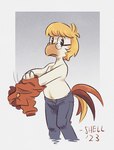 anthro beak belly_tuft blonde_hair blue_bottomwear blue_clothing blue_pants body_hair bottomwear chest_tuft clothing denim denim_bottomwear denim_clothing eyewear feathers glasses grey_background grey_bottomwear grey_clothing grey_pants hair hip_tuft jeans male orange_beak pants red_clothing red_shirt red_tail red_tail_feathers red_topwear removing_shirt shirt shirtless shirtless_male simple_background slightly_chubby solo tail tan_body tan_feathers topwear tuft white_background white_body white_feathers yellow_feather_hair yellow_tail yellow_tail_feathers shellyochunks disney donald_duck_(comics) the_duck_avenger_(comic) topolino_(disney) gyro_gearloose avian bird chicken galliform gallus_(genus) phasianid 2023 dated signature