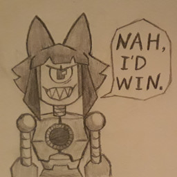 1_eye >:3 armor clothing female gauntlets gloves handwear machine sharp_teeth smile solo speech_bubble teeth anonymous_artist gameoverse glitch_productions jujutsu_kaisen nah_i'd_win malice_(gameoverse) felid feline humanoid mammal robot robot_humanoid 1:1 hi_res