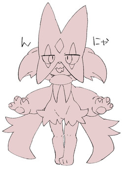 3_fingers ambiguous_gender anthro cape chibi claws clothing finger_claws fingers flower_(anatomy) jagged_mouth mask open_mouth pawpads simple_background solo standing text white_background yakiniku628 nintendo pokemon generation_9_pokemon meowscarada pokemon_(species) japanese_text monochrome