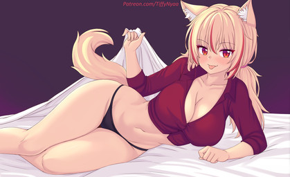 bed_sheet bedding big_breasts blonde_hair breasts cleavage clothed clothing collared_shirt female hair lying on_side panties pupils red_eyes shirt slit_pupils solo text tongue tongue_out topwear underwear fastrunner2024 tiffy_(fastrunner2024) animal_humanoid cat_humanoid felid felid_humanoid feline feline_humanoid humanoid mammal mammal_humanoid 2025 hi_res url
