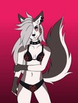 anthro bikini clothing collar ear_piercing ear_ring female grey_body grey_hair hair looking_at_viewer occult_symbol pentagram piercing red_sclera ring_piercing solo swimwear symbol two-piece_swimsuit quantum_lapiz helluva_boss mythology loona_(helluva_boss) canid canid_demon canine demon hellhound mammal mythological_canine mythological_creature 3:4 hi_res