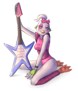 alternative_fashion anthro bow_ribbon clothed clothing electric_guitar female glamrock guitar hair looking_at_viewer makeup musical_instrument plucked_string_instrument simple_background sitting solo star_guitar string_instrument etanolllll five_nights_at_freddy's five_nights_at_freddy's:_security_breach scottgames steel_wool_studios glamrock_chica avian bird chicken galliform phasianid