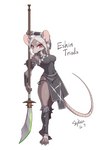 2022 anthro braided_hair breasts clothed clothing colored female full-length_portrait fur glaive grey_body grey_clothing grey_fur grey_shirt grey_topwear grey_tunic hair hi_res mammal melee_weapon murid murine naginata nipple_outline polearm portrait rat red_eyes rodent shirt simple_background skaven skykain solo standing tang_(skykain) topwear tunic warhammer_(franchise) weapon white_hair