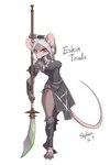 anthro braided_hair breasts clothed clothing female fur glaive grey_body grey_clothing grey_fur grey_shirt grey_topwear grey_tunic hair melee_weapon naginata nipple_outline polearm red_eyes shirt simple_background solo standing topwear tunic weapon white_hair skykain warhammer_(franchise) tang_(skykain) mammal murid murine rat rodent skaven 2022 colored full-length_portrait hi_res portrait