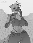 abs anthro big_breasts bread breasts claws clothed clothing croissant female fingers food muscular muscular_anthro muscular_female navel nipple_outline nipples non-mammal_breasts non-mammal_navel non-mammal_nipples pastry scuted_arms scutes solo rimmcha_(artist) mary_(tishka112) avian bird blue_jay corvid jay_(bird) new_world_jay oscine passerine 2024 absurd_res digital_media_(artwork) hi_res
