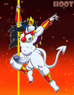 anthro balls barefoot black_hair clothed clothing crown dancing ear_piercing ear_ring feet genitals hair headgear horn jewelry long_hair long_nails looking_at_viewer male nails necklace nipples penis piercing pole pole_dancing ring ring_piercing simple_background skimpy smile solo spade_tail stripper_pole tail twunk dg254 kings_of_hell paimon_(kings_of_hell) demon humanoid mammal absurd_res digital_media_(artwork) hi_res