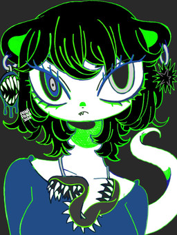 anthro big_breasts black_background breasts clothed clothing female jewelry necklace sharp_teeth simple_background solo teeth 87sukiyaki ambiguous_species unknown_species 2024 3:4 dated hi_res
