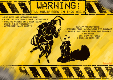 anthro caution_stripes collar dildo dominant dominant_female duo female femboy heart_symbol imminent_pegging imminent_sex larger_female leash leash_pull male male/female muscular muscular_female nipple_piercing nipples piercing profanity sex_toy silhouette size_difference smaller_male strapon submissive submissive_male text warning_sign furociousarts marigold_honeywood scout_foxfire arthropod bee canid canine fox hymenopteran insect mammal true_fox absurd_res english_text hi_res