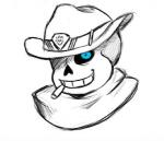 anterior_nasal_aperture bone cigar clothed clothing cowboy_hat hat headgear headwear male not_furry scarf simple_background skeleton skull smile smoke smoking solo unknown_artist blizzard_entertainment overwatch undertale undertale_(series) cole_cassidy sans_(undertale) animated_skeleton humanoid undead