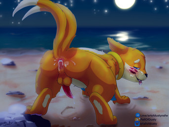 2_tails after_anal after_sex all_fours animal_genitalia animal_penis anthro anus balls beach blue_eyes blush bodily_fluids butt cum cum_in_ass cum_in_mouth cum_inside cum_on_face cum_on_ground cum_on_tongue erection facial_markings footprint fur genital_fluids genitals head_markings leaking_cum looking_at_viewer looking_back looking_back_at_viewer male markings moon multi_tail multicolored_body narrowed_eyes night nude open_mouth orange_body orange_fur orange_tail paws penis presenting presenting_anus presenting_hindquarters raised_tail rear_view reflection sand sand_on_foot smile smiling_at_viewer solo star tail tongue tongue_out water yellow_body yellow_fur fallofdusty nintendo pokemon buizel generation_4_pokemon mammal mustelid pokemon_(species) hi_res signature