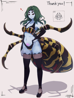 8_eyes arthropod_abdomen bikini blue_body blue_skin boots breasts clothing female footwear green_hair hair hand_on_hip heart_symbol legwear multi_eye multi_limb shoes solo standing swimwear thigh_boots thigh_highs two-piece_swimsuit womb_tattoo yonaga animal_humanoid arachnid arachnid_humanoid arthropod arthropod_humanoid humanoid spider_humanoid 2021 3:4 hi_res