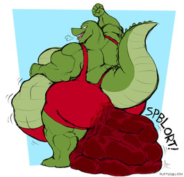 after_vore anthro belly big_belly digestion disposal excessive_feces fatal_vore feces hyper hyper_feces male scat_disposal scatplay soiling solo vore wrestling_singlet dirtynasty alligator alligatorid crocodilian reptile scalie