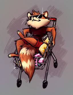anthro chibi crossed_legs eyewear leg_on_thigh male shopping_cart simple_background snack sparkles sunglasses lonerdemiurge mammal procyonid raccoon absurd_res hi_res