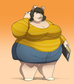 3_fingers angry anthro belly belly_overhang big_belly big_breasts black_hair bottomwear breasts cleavage clothed clothing female fingers footwear hair holding_object hooved_fingers hooves huge_belly huge_breasts notebook obese obese_anthro obese_female orange_background overweight overweight_anthro overweight_female pink_body shirt shoes shorts simple_background solo standing thick_thighs topwear wide_hips hugo_enrique_art domestic_pig mammal suid suine sus_(pig) absurd_res hi_res shaded