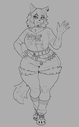 anthro belt bottomwear clothed clothing denim denim_bottomwear denim_clothing denim_shorts female hotpants shorts slightly_chubby solo standing wide_hips laplan_(artist) epic_games fortnite wolfie_(fortnite) canid canine canis mammal wolf hi_res monochrome sketch