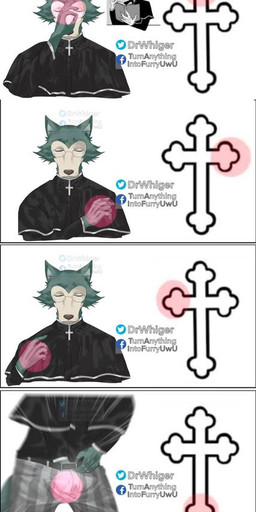 anthro belt bottomwear clothed clothing countershading cross eyes_closed eyewear glasses hand_in_pants hand_on_crotch humor male pants priest robe solo standing text dr.whiger beastars legoshi_(beastars) canid canine canis mammal wolf 2021 distracting_watermark lol_comments url watermark