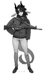 anthro black_hair bottomwear breasts clothed clothed_anthro clothed_female clothing collar female footwear front_view fully_clothed fully_clothed_anthro fully_clothed_female gun hair horn looking_at_viewer pants ranged_weapon shoes simple_background solo standing topwear weapon white_background pgm300 mythology chabett dragon mythological_creature mythological_scalie scalie 2024 absurd_res digital_media_(artwork) hi_res monochrome