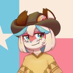 anthro clothing cowboy cowboy_hat fangs food fur hat headgear headwear male pink_body pink_fur poncho solo sprinkles teeth texas_flag misterdonut donut_(misterdonut) canid canine canis domestic_dog food_creature mammal 1:1 half-length_portrait portrait