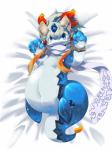 ambiguous_gender anthro bed belly big_belly biped blue_eyes dakimakura furniture kemono lying navel on_back simple_background slightly_chubby solo split_form water noriburu bandai_namco tales_of_(series) tales_of_rebirth shaorune canid canine canis hybrid mammal marine merfolk wolf 3:4 absurd_res dakimakura_design hi_res