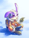 anthro backpack boots breasts clothing coat female footwear fur gloves hair handwear holding_object long_ears pink_eyes shoes sitting smile snow solo topwear winter gerovort nintendo star_fox lucy_hare lagomorph mammal 2020 hi_res signature