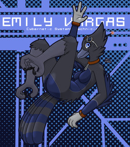 abstract_background anthro beak black_claws blue_body blue_eyes blue_eyewear blue_feathers blue_goggles blue_stripes breasts claws clothing collar eyewear eyewear_on_head feathers featureless_breasts feet female genitals gloves goggles goggles_on_head grey_beak grey_body grey_clothing grey_eyewear grey_gloves grey_goggles grey_handwear handwear legs_up looking_at_viewer medium_breasts mostly_nude raised_hand red_collar solo striped_feathers stripes talons text toe_claws toes vulva triti_(artist) cutting_edge:_roots_of_mutation emily_vargas avian bird corvid jay_(bird) new_world_jay oscine passerine steller's_jay 2025 absurd_res english_text hi_res