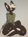 4_toes anthro clothed clothed_anthro clothed_male clothing feet front_view fur grey_body grey_fur grey_tail hair looking_up male pawpads paws sitting smile solo tail teeth toes white_hair yshanii mammal mephitid skunk 2025 digital_media_(artwork) hi_res