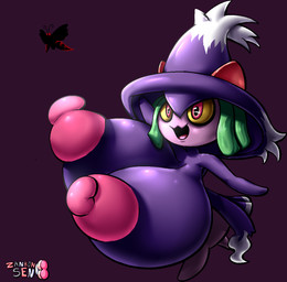 big_breasts big_nipples breasts clothing female fusion green_hair hair hat headgear headwear huge_breasts magic_user nipples purple_body purple_skin shortstack witch yellow_eyes adorablehypers nintendo pokemon ambient_arthropod ambient_insect ambient_moth arthropod generation_3_pokemon generation_4_pokemon hybrid insect kirlia lepidopteran mismagius moth pokemon_(species) hi_res