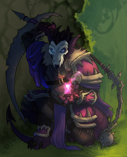 anthro armor bone bone_mask cape chain clothing face_in_shadow forest glowing_symbol head_horn holding_object holding_weapon horn hourglass_symbol jungle male mask melee_weapon occult_symbol paladin plant plate_armor polearm scythe sigil skull skull_mask solo spade_tail spiked_ball symbol tail tree wall_(structure) weapon caesarus kobold scalie absurd_res hi_res portrait