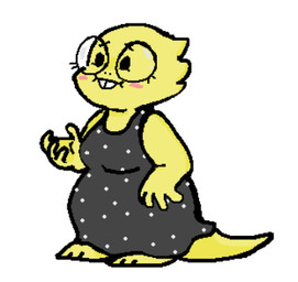 anthro barefoot beady_eyes blush blush_stickers breasts buckteeth clothed clothing dimple dress eyewear feet female front_view fully_clothed glasses non-mammal_breasts polka_dots scales simple_background solo standing tail teeth thick_tail three-quarter_view yellow_body yellow_scales delisample undertale undertale_(series) alphys lizard reptile scalie aliasing digital_media_(artwork) low_res