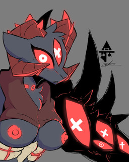 anthro areola arm_eye arm_spikes big_breasts black_body black_fur breasts brown_clothing clothing eyelashes eyes_on_arms female fur grey_background horn looking_at_viewer multi_eye nipples red_areola red_horn red_nipples red_sclera simple_background snout solo spikes spikes_(anatomy) unusual_anatomy unusual_eye_placement white_eyes sakanagashima bovid caprine goat mammal 2021 hi_res signature