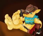 5_toes anthro barefoot biped blue_eyes claws clothing feet foot_focus hat headgear headwear humanoid_feet male plantigrade simple_background soles solo toes seamaster dillon's_rolling_western nintendo dillon_(dillon's_rolling_western) armadillo mammal xenarthran digital_media_(artwork)