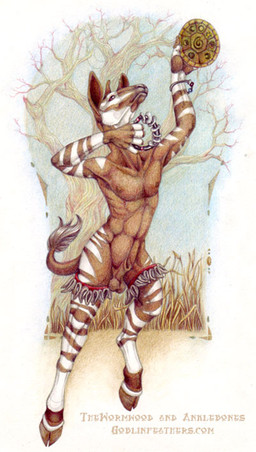 animal_genitalia anthro balls dancing detailed_background fully_sheathed genitals hooves horn male nude ossicone sheath solo tail text anklebones thewormwood giraffid mammal okapi english_text